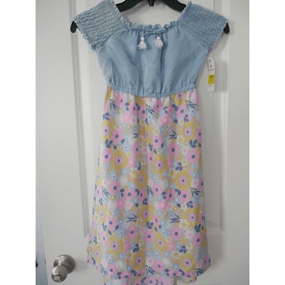 Girls' Lilac & Medium Blue Floral Denim Smocked Puff-Sleeve Maxi Dress 5/6 #1786 - Picture 2 of 6